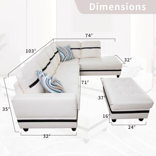 Image of L-Shaped 3-Piece Semi PU Synthetic Leather Sofa with Storage Ottoman Set, Sectional Couch Sofa Set for Living Room, Office, Small Space, White and Black-1