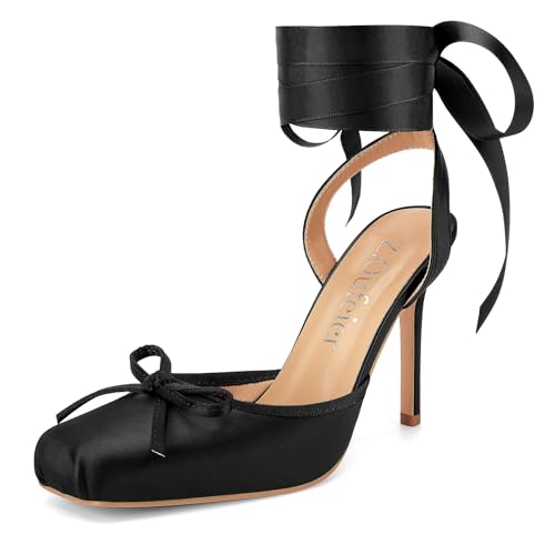 Women's Satin Ballet Heels Ballerina Bow Closed Square Toe Strappy Stiletto High Slingback Lace Up Ankle Strap Wrap Around Spiral Mary Janes Pumps Dress Shoes