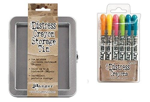SPECIAL BUNDLE Includes: Ranger Tim Holtz 6 Distress Crayons: Set #1 PLUS Distress Crayons Tin (THTDBK47902+THTDA56485)