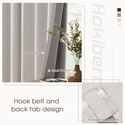 100% Blackout Curtains for Bedroom 84 Inches Long 2 Panels Faux Linen Curtains Black Out Thermal Insulated Room Darkening Drapes Natural Ivory Cream Pleated Back Tab Hook Belt Pocket Curtain 52x84 - Image 5