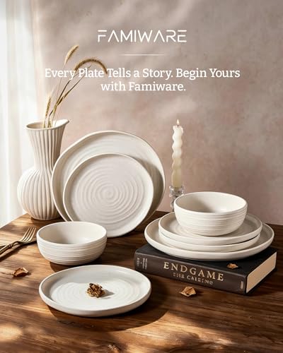 Image of Famiware Pluto Stoneware Dinnerware Sets, 12-Piece Double Reactive Glaze Plates and Bowls Sets, Dishware Sets for Everyday & Formal Dining, Irregular Edge Dishes, Service for 4, Matte Beige White