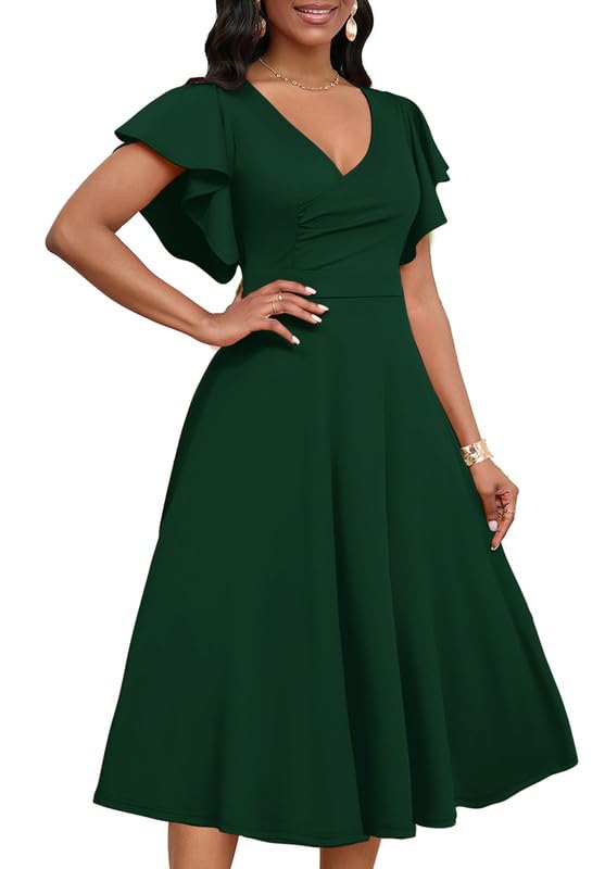 Image of MarryUP Women's Cocktail Midi Dress Elegant V Neck Ruffle Short Sleeve Wrap Wedding Guest Semi Formal A Line Dress