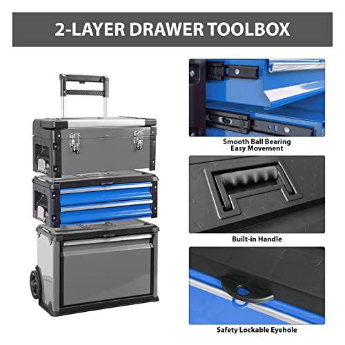 BIG RED Stackable Rolling Tool Box Portable Metal Toolbox Organizer,Separate Rolling Upright Trolley Tool Chest with Wheels and 2 Drawers for Garage/Workshop,ATRJF-C305ABDU,19.1"L x 12.2"W x 30"H,Blue