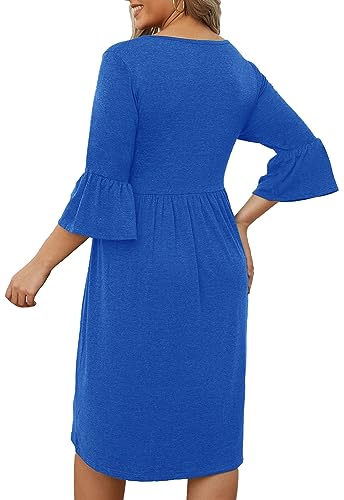 Image of Women's Plus Size 3 /4 Sleeve Casual Dress V Neck Spring Summer Tshirt Empire Waist Ruffle Midi Dresses