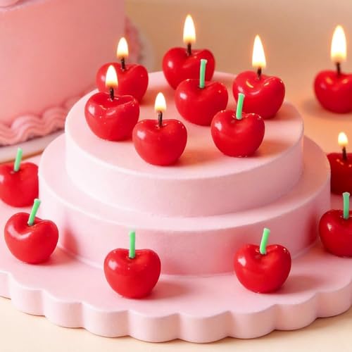 15 Pcs Cherry Birthday Candles Mini Cute Fruit Shaped Candles for Cake Red Decorative Cake Candles for Kids Birthday Cherry Party Decorations Cupcake & Dessert Candle Toppers