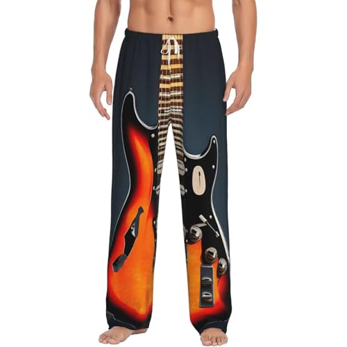 Pantalon de pyjama homme polaire orange chaud à motif guitare vêtement de nuit avec poches