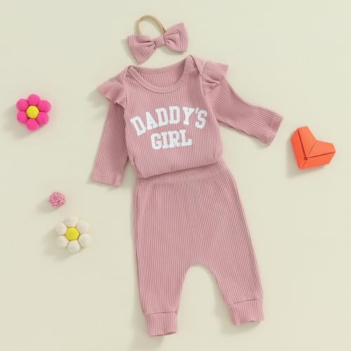Tsnbre Newborn Baby Girl Outfits Daddys Girls Ruffle Long Sleeve Romper Top Pants Headband Infant Fall Winter Clothes2