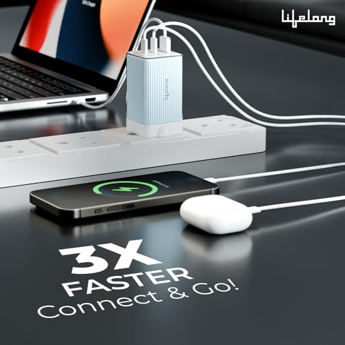 Image of Lifelong Electronics 65W Super Fast GaN Charger PD Technology | 1 USB A + 2 Type C Ports | iPhone 17 /16 /15 /14 (Including Pro Max), Android, Samsung | Laptops - MacBook, Dell, HP, Lenovo, Acer, ASUS
