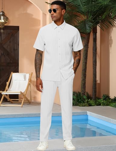 LecGee Men's 2 Piece Vertical Striped Textured Outfits Summer Casual Button Down Shirts And Pants Matching Sets4