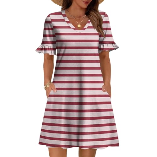 Womens 2026 Summer Fashion Casual Dresses with Pockets Short Sleeve Loose Sundress V Neck Printed A Line Dress