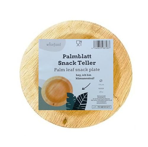 wisefood Palmblatt Snackteller - 25 Stück Einweg Teller rund Ø 14 cm - Biologisch abbaubares Palmblattgeschirr - Einweggeschirr ideal als Suppenteller, Salatteller oder Pastateller - 200ml