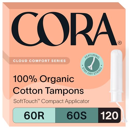 Cora Organic Applicator Tampon Multipack | 60 Regular & 60 Super Absorbency | 100% Organic Cotton, Unscented, BPA-Free Compact Applicator | Leak Protection | Packaging May Vary | 120 Total