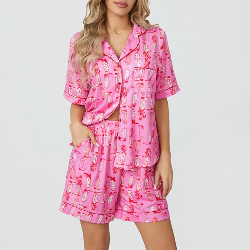 Image of Yiulangde Cowboys Boot Pajamas for Women Y2k 2 Piece Heart Bow Preppy Pjs Coquette Short Sleeve Shirts Matching Pj Shorts Set