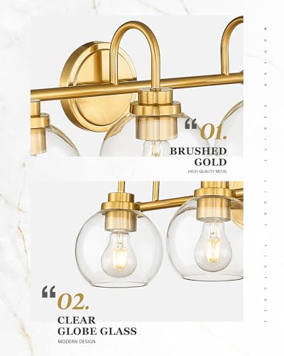 Image of Bathroom Light Fixtures, 4-Light Brushed Gold Vanity Lights with Globe Clear Glass, 30 Inch Champagne Bronze Vanity Lighting Fixtures Over Mirror, AD-22280-4W-GD