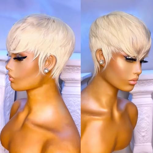 MGOKEMAY Short Blonde Wigs for Women 613 Highlight Pixie Cut Wig for Black Women Layered Blonde Wig with Bangs Pixie Haircut Synthetic Straight Natural Looking Daily Party Wigs