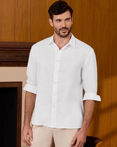 Kallspin Men's 100% Linen Button Down Shirts Classic Breathable Summer Beach Collared Shirts2