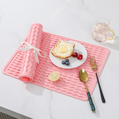 Image of 2 Pack Caketime Silicone Dish Drying Mat for Kitchen Counter Cooking Baking Liners Drawer Storage Refrigerator Espresso Machine Station Utensil Holder Washer Trivets Oven Tools 15 inchx11.5 inch Pink