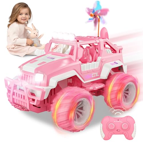 FORMIZON Pink RC Teledirigido con LED, 1/18 Off-Road con Molino de Viento, Adecuado para 3-12 Niños y Niñas, Juguete Cumpleaños (Jeep)