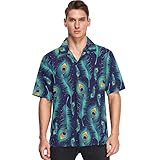 visesunny Peacock Feather Men's Hawaiian Shirts for Spring Break Summer Floral Holiday Party Aloha Shirt for Guys