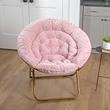 EMMA + OLIVER Ersa 38' Oversize Portable Faux Fur Folding Saucer Moon Chair for Dorm and Bedroom, Blush Faux Fur/Soft Gold Frame