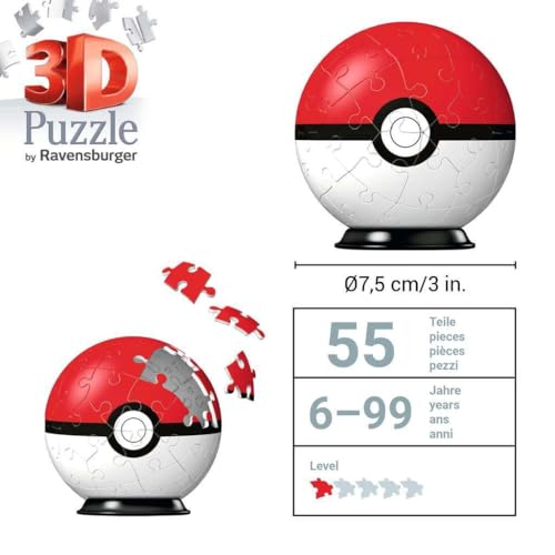 Ravensburger - Puzzle 3D Ball - Poké Ball Pokémon - A partir de 6 Ans - 54 pièces numérotées à Assembler sans Colle - A Collectionner - Support Inclus - 11256