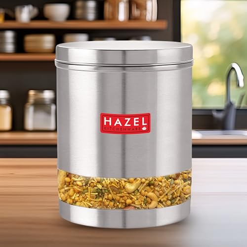 Image of HAZEL Stainless Steel Transparent Wide Mouth See Through Container, Silver, 1 PC, 1350 Ml