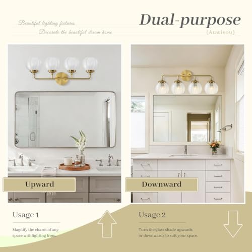 Image of 4-Light Brushed Gold Clear Glass Globe Wall Sconce, 27.2-inch | Gold Vanity Lights, 5.9 inch Clear Glass Shade, E26 Base, Living Room, Bedroom, Bathroom, Renters, Indoor Lighting, Wall Lamps