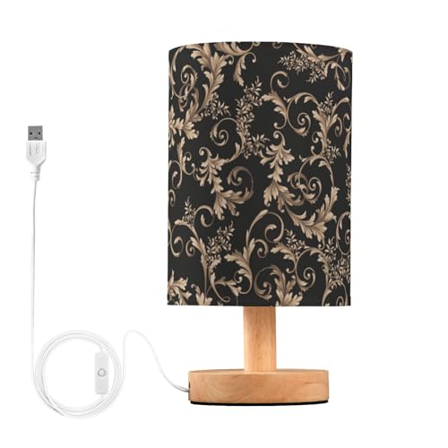 Mnsruu Bedside Lamp Baroque Floral Print Table Lamp LED Nightstand Desk Lamp USB Charging Ports Linen Fabric Shade for Bedroom Living Room Office