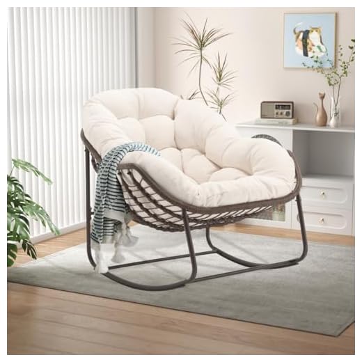 LIFEISLE Schaukelstuhl Schaukelsessel mit Rattan, Loungesessel drinnen & draußen, Ei-Schaukelstuhl für Wohnzimmer Balkon Garten Outdoor und Indoor Olefin-Gewebe Weiß