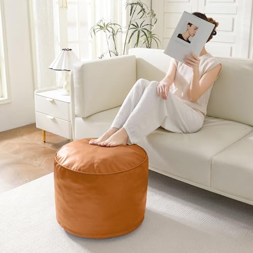 HIGOGOGO Round Stuffed Pouf Ottoman, Pu Leather Poufs with Foam Chunk Filling, Furry and Fluffy Pouf Foot Stool Storage Ottoman, 20 X 15 Floor Poufs Foot Rest for Living Room, Orange by HIGOGOGO - Used condition - Image 4