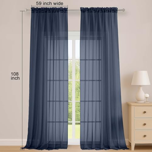 Image of OWENIE Sheer Navy Blue Curtains 108 Inches Long for Living Room Bedroom 2 Panels Set, Lightweight Airy Navy Blue Sheer Curtain, Filmy Voile Rod Pocket, 2 PCS, Each 59 inch W x 108 inch L