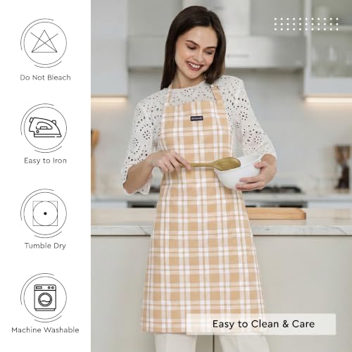 Image of Encasa XO Cotton Cooking kitchen Apron for Women and Men chef apron With adjustable neckstrap, Pocket & Towel Holder for Easy cooking, Baking, BBQ, Gardening- Franca Beige Checks, 68x85 cm
