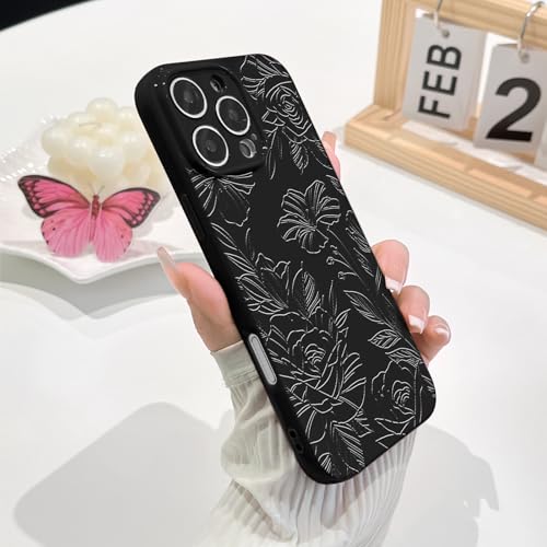 NITITOP Compatible with iPhone 16 Pro Case Cute Aesthetic Floral Flower Rose Line Pattern for Women Girl Trendy Slim Fit TPU Silicone Shockproof Full Camera Protection Cover - Black by NITITOP - Image 7