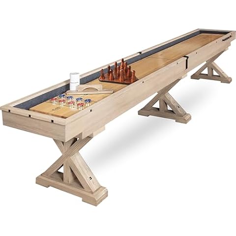 12 FT Solid Wood Shuffleboard Table, Comes in 2 6' Pieces Goes Around Stairs & Hallways, Multi Game Includes Bowling Pin Set & More Cover