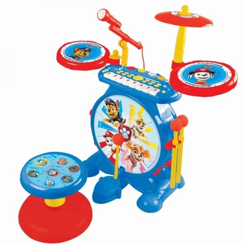 Lexibook, Paw Patrol, conjunto eletrónico para crianças, jogo de brinquedo musical, som de bateria realista, teclado de 8 teclas, tomada MP3, assento incluído, azul/vermelho, K610PA