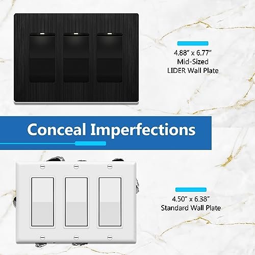 Image of LIDER Decorator Switch Cover, Screwless Wall Plate, Mid-Size 3-Gang 4.88 inch x 6.77 inch, LSWP-33M-BBK, UL Listed, Thermoplastic, Brushed Black, 1-Pack