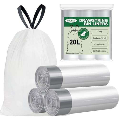 Yolaist 20L Bin Bags 75 Counts, Pre-Separated 20μm Thick Pedal Bin Liners 20L, Strong Leak-proof & Drawstrings Small Bin Bags for Kitchen, Bathroom, Home, Office