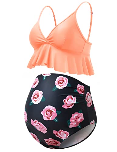 GINKANA Schwangerschafts-Bikini-Set, Volant, Badeanzug, Oberteil, Bademode, Unterteil, Orange mit rosa Blumen, XL Cover