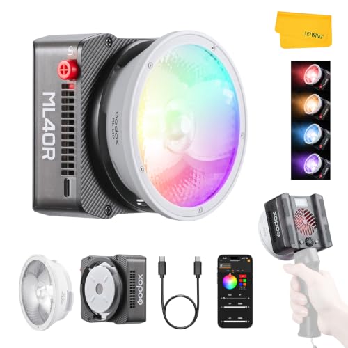 Image of Godox ML40R Mini RGB COB Video Light 40W, 1800K-10000K, Handheld Portable Full-Color COB LED Continuous Output Light w /Built-in Li-ion Battery,12300lux@1m, CRI /TLCI95, 14FX, APP NFC Control