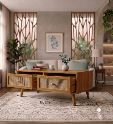 Image of Solid Sheesham Wood Coffee Table & Center Table for Living Room with Rattan Cane Lift-Down Shutter & Open Shelf, Solid Wooden Teapoy for Sofa with Storage | Tea Table (A-Honey)