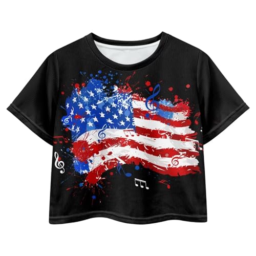Image of 4th of July Shirt for Girls 7-8 Years US Flag Crop Tops Kids Outfit Independent Day Graphic Tee-