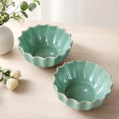 Image of Niyara Stoneware Handmade Ceramic Stylish Premium Bowls Serving Bowls Microwave Dishwasher Safe (Green Moraccan)
