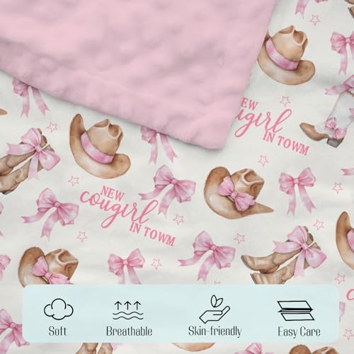 Image of Mink Baby Girl Blanket Western New Cowgirl in Town, Pink Bow Ribbon Boot Hat Soft Double Layer Dotted Backing Receiving Swaddle, Newborn Infant Toddler Nursery Crib Bedding Shower Gift 30 x 40