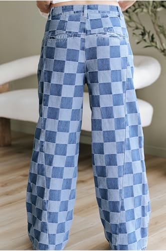 ebossy Women's Trendy Plaid Wide Leg Denim Pants High Waist Baggy Loose Checkerboard Patern Long Jeans4
