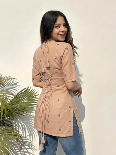 Image of ANNI Designer Women's Viscose Blend Printed Short Kurti | Straight Fit Ethnic Top with Square Neck | Bell Sleeve Indian Kurta for Office College, Party