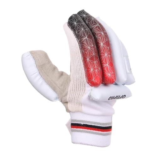 Amber Fight Gear Optipro Batting Gloves for Cricket Premium Fabric Palm, Non-Toxic PVC Finger Rolls, Cotton Back Ventilated & Lightweight, Sweat-Resistant for Better Grip, White/Red/Black, Medium