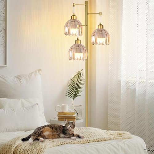 Image of QIYIZM Gold Floor Lamp for Living Room,Bedroom,Tree 3 Light Standing Lamp Mid Century Modern Brass Tall Floor Lamps Vintage Retro Floor Lights Glass Flower Amber Lamp Shade Farmhouse Boho Bohemian