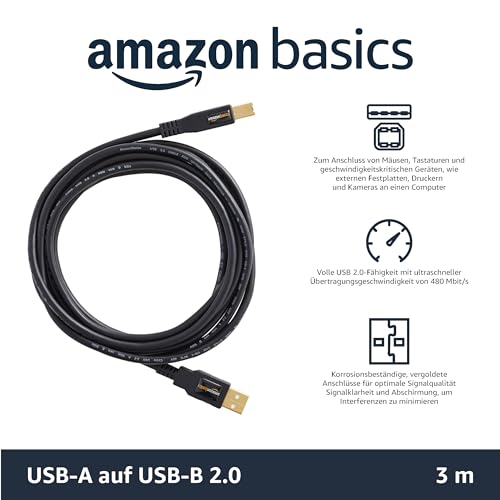 Amazon Basics USB-2.0-Kabel kompatible mit Drucker, Typ A auf Typ B, mit vergoldeten Anschlüssen, 3 m, Schwarz – Ansicht 2
