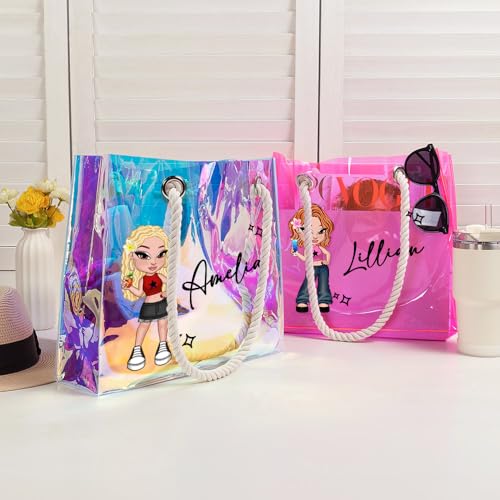 Personalized Clear Tote Bag Waterproof Y2K PVC with Rope Handles Custom Cartoon Character and Name on Neon Clear Beach Bag- Birthday Concert Bridal Party Gift for Women3
