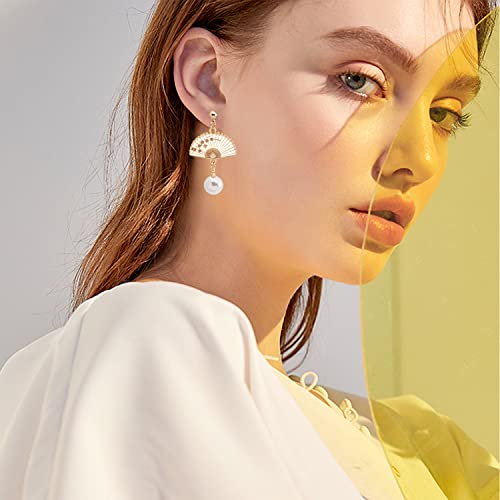 YUNXI Fan Pearl Earrings Sector Drop Small Fan Dangle Cute Retro Ethnic Pretty Stud Earrings2